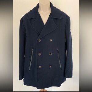 VICTORINOX Mens Navy Wool Double Breasted Zip Pockets Casual Pea Coat Jacket XL